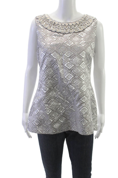 Tory Burch Women Silver Geometric Boat Neck Sleeveless Blouse Zip Size 14
