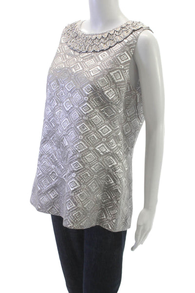 Tory Burch Women Silver Geometric Boat Neck Sleeveless Blouse Zip Size 14