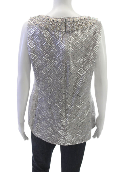 Tory Burch Women Silver Geometric Boat Neck Sleeveless Blouse Zip Size 14