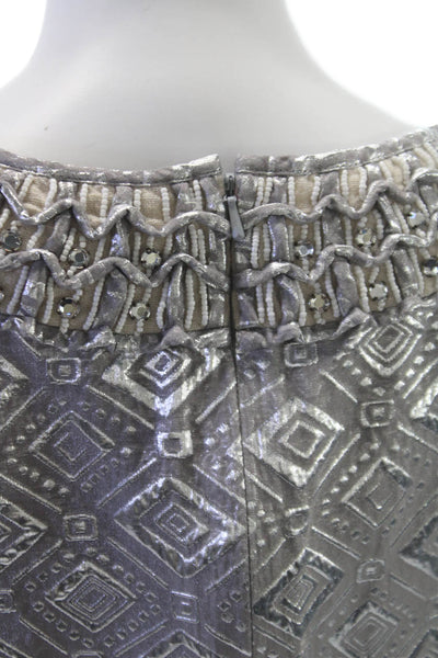 Tory Burch Women Silver Geometric Boat Neck Sleeveless Blouse Zip Size 14