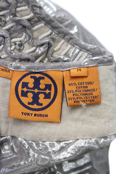 Tory Burch Women Silver Geometric Boat Neck Sleeveless Blouse Zip Size 14