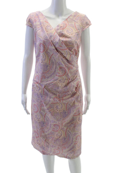 Max Mara Women Wrap Dress Pink Cotton Paisley V-Neck Short Sleeve Knee Size 10