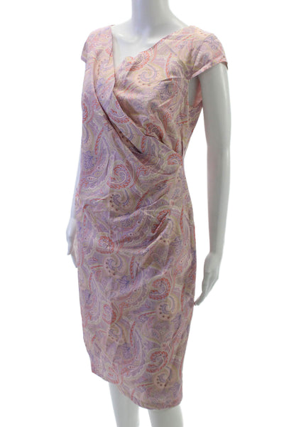 Max Mara Women Wrap Dress Pink Cotton Paisley V-Neck Short Sleeve Knee Size 10