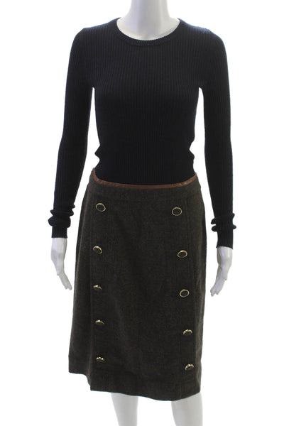 Tory Burch Women Brown Wool Blend Straight Pencil Skirt Mid Calf Zip Size S