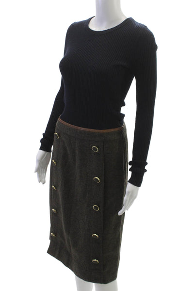 Tory Burch Women Brown Wool Blend Straight Pencil Skirt Mid Calf Zip Size S