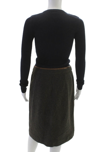 Tory Burch Women Brown Wool Blend Straight Pencil Skirt Mid Calf Zip Size S