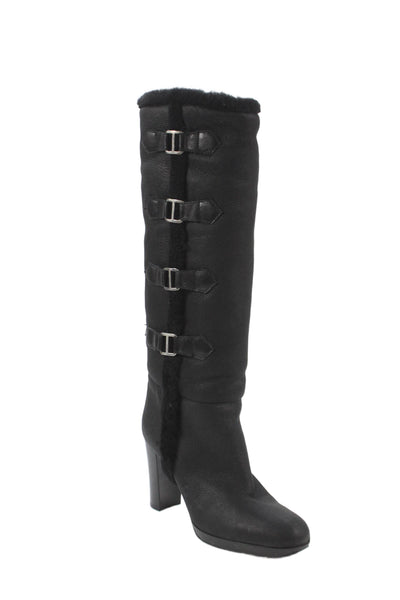 Sergio Rossi Womens Shearling Silver Tone Knee High Boots Black Size 40 10