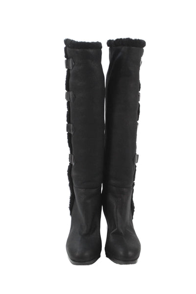 Sergio Rossi Womens Shearling Silver Tone Knee High Boots Black Size 40 10