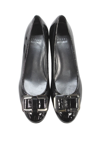 Stuart Weitzman Womens Patent Leather Bow Low Wedge Pumps Black Size 7.5 Narrow