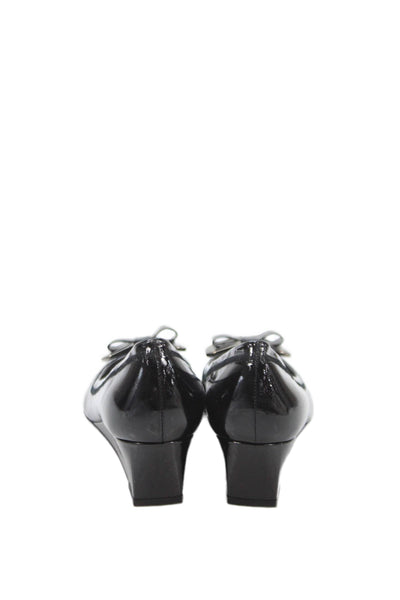 Stuart Weitzman Womens Patent Leather Bow Low Wedge Pumps Black Size 7.5 Narrow