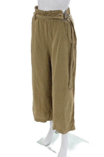 Zara Womens Paperbag Linen Pants Green Buckle Size M
