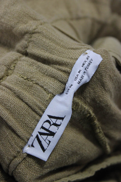 Zara Womens Paperbag Linen Pants Green Buckle Size M