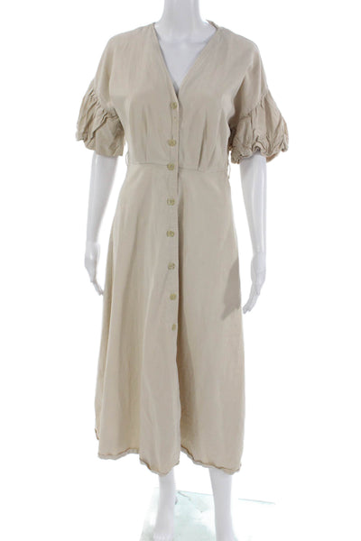 Zara Womens Shirt Dress Beige V Neck Short Sleeve Button Lyocell Size S