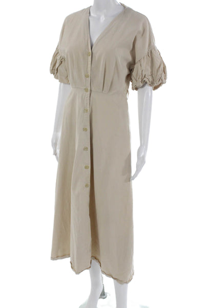 Zara Womens Shirt Dress Beige V Neck Short Sleeve Button Lyocell Size S
