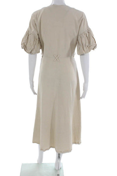 Zara Womens Shirt Dress Beige V Neck Short Sleeve Button Lyocell Size S