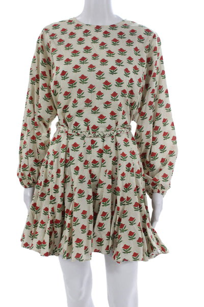 Rhode Women Mini Dress Ivory Floral Long Sleeve Cotton Tie Waist Size XS