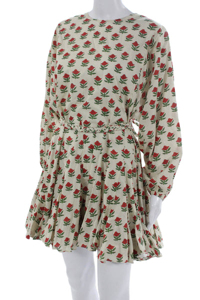 Rhode Women Mini Dress Ivory Floral Long Sleeve Cotton Tie Waist Size XS