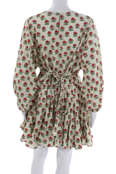 Rhode Women Mini Dress Ivory Floral Long Sleeve Cotton Tie Waist Size XS