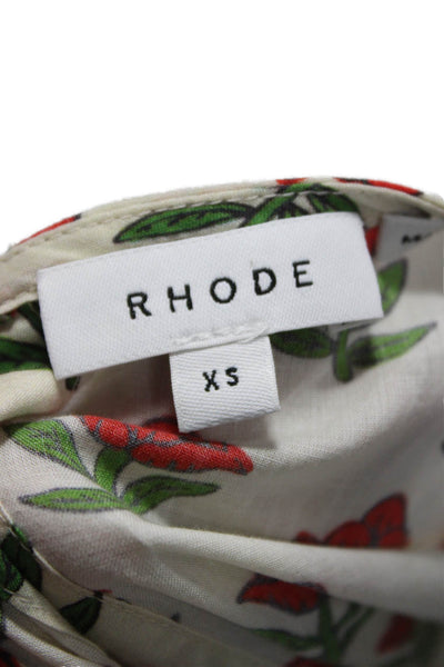 Rhode Women Mini Dress Ivory Floral Long Sleeve Cotton Tie Waist Size XS