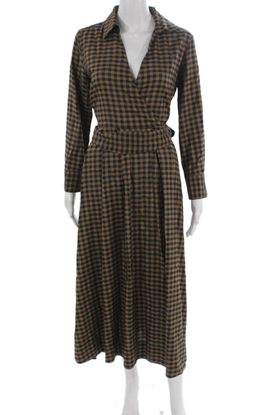Zara Women Wrap Dress Gingham Viscose Collared Long Sleeve Maxi Brown Size XS