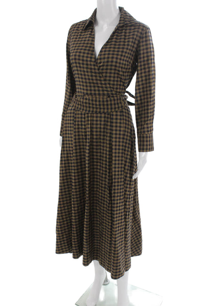 Zara Women Wrap Dress Gingham Viscose Collared Long Sleeve Maxi Brown Size XS