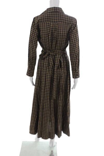 Zara Women Wrap Dress Gingham Viscose Collared Long Sleeve Maxi Brown Size XS