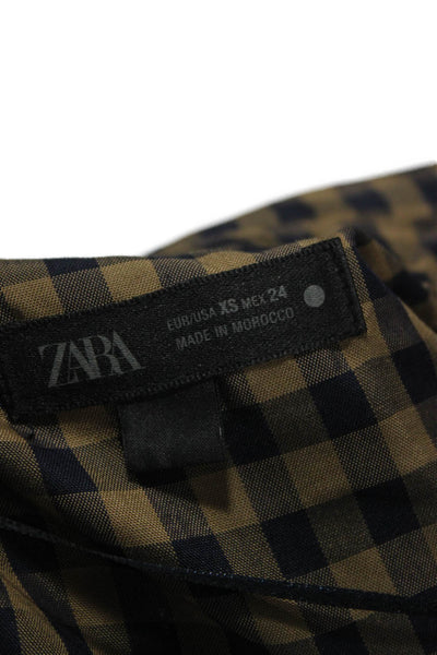 Zara Women Wrap Dress Gingham Viscose Collared Long Sleeve Maxi Brown Size XS