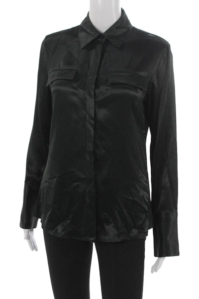 Zara Women Collared Button Up Viscose Long Sleeve Black Blouse Size XS