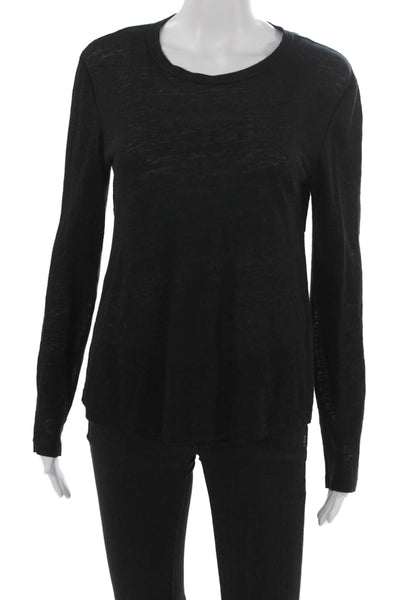 A.L.C. Womens Linen Long Sleeve Crew Neck Pullover Basic T-Shirt Black Size XS