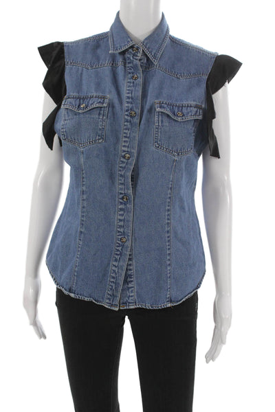 Aquarius Cocktail Women Denim Collared Sleeveless Button Up Blouse Size S