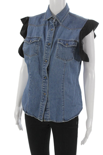 Aquarius Cocktail Women Denim Collared Sleeveless Button Up Blouse Size S