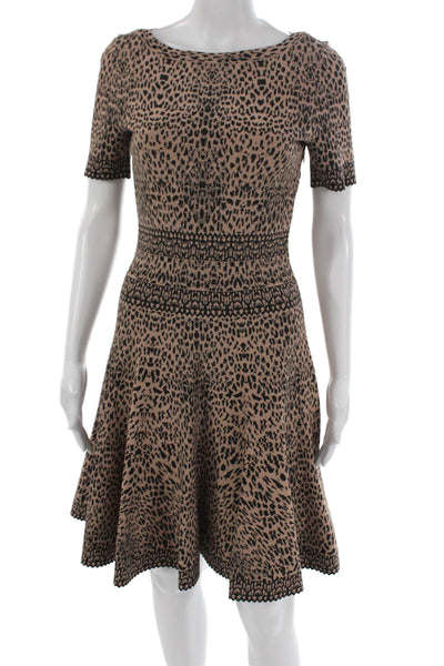 Alaia Women Fit & Flare Dress Beige Animal Print Short Sleeve Size 40