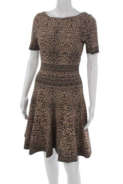 Alaia Women Fit & Flare Dress Beige Animal Print Short Sleeve Size 40