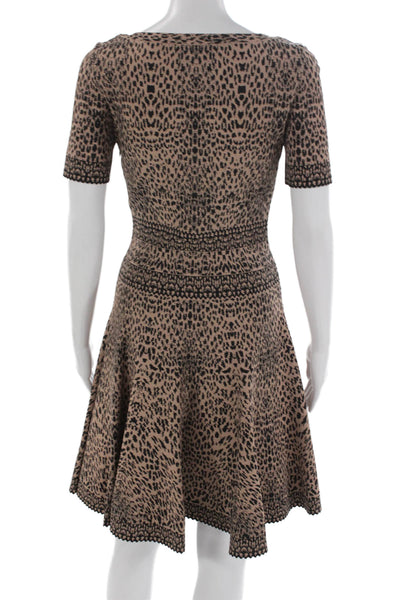 Alaia Women Fit & Flare Dress Beige Animal Print Short Sleeve Size 40