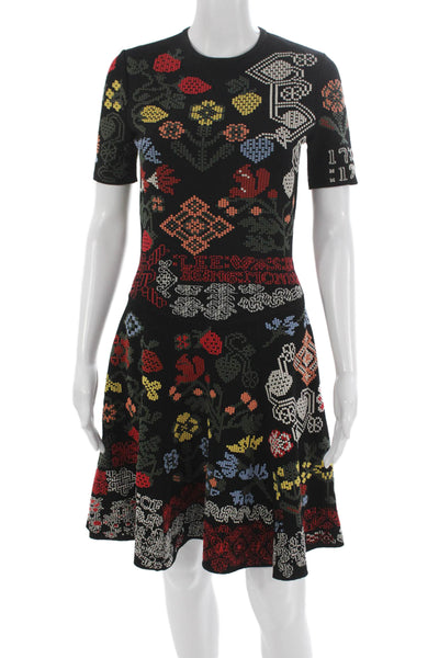 Alexander McQueen Womens Fit Flare Floral Knit Dress Short Sleeve Size S