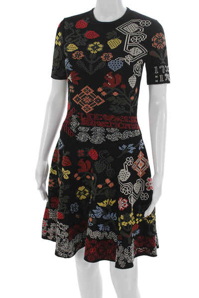 Alexander McQueen Womens Fit Flare Floral Knit Dress Short Sleeve Size S