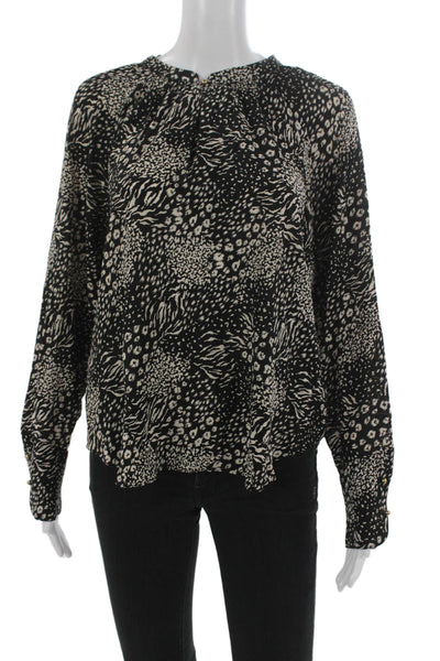 Joie Womens Black Animal Print Viscose Long Sleeve Blouse Round Neck Size L