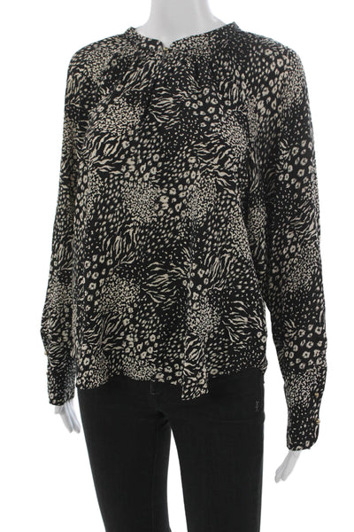 Joie Womens Black Animal Print Viscose Long Sleeve Blouse Round Neck Size L