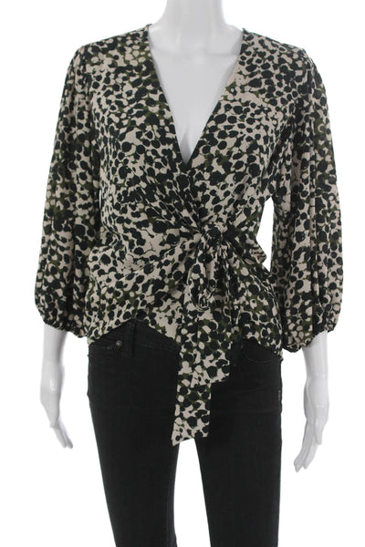 Veronica M Women Wrap Blouse Beige Abstract V-Neck Long Sleeve Polyester Size L