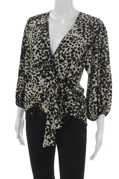 Veronica M Women Wrap Blouse Beige Abstract V-Neck Long Sleeve Polyester Size L
