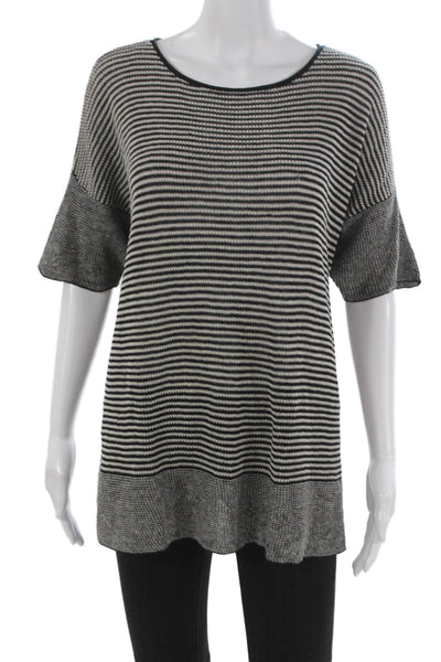 Eileen Fisher Women Linen Striped Scoop Tunic Sweater Black Short Sleeve Size L