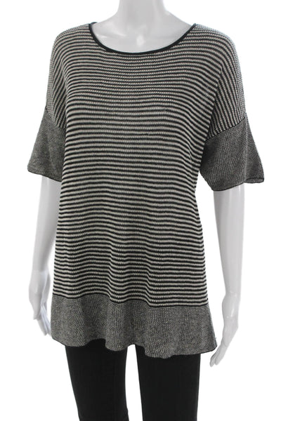 Eileen Fisher Women Linen Striped Scoop Tunic Sweater Black Short Sleeve Size L