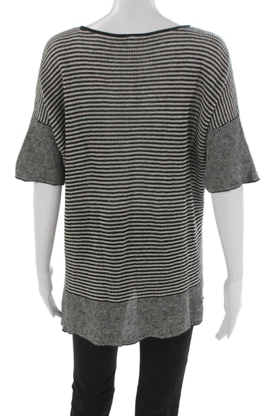 Eileen Fisher Women Linen Striped Scoop Tunic Sweater Black Short Sleeve Size L