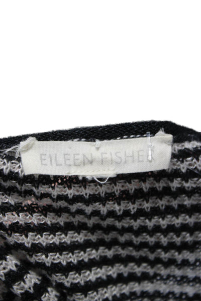 Eileen Fisher Women Linen Striped Scoop Tunic Sweater Black Short Sleeve Size L