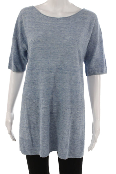 Eileen Fisher Women Striped Linen Boat Neck Tunic Short Sleeve Blue Size L
