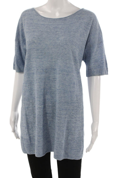 Eileen Fisher Women Striped Linen Boat Neck Tunic Short Sleeve Blue Size L