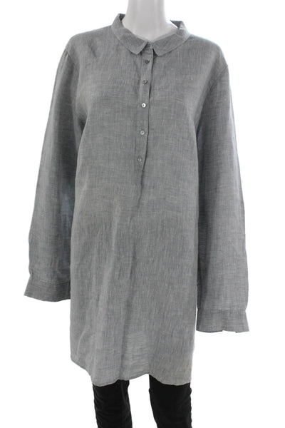 Eileen Fisher Womens Shirt Dress Button-Up Gray Linen 3/4 Sleeve Size XL
