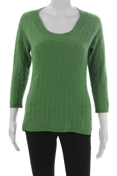 Kinross Cashmere Women Pullover Sweater Scoop Neck 3/4 Sleeve Green Size L