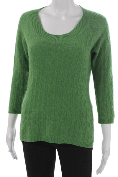 Kinross Cashmere Women Pullover Sweater Scoop Neck 3/4 Sleeve Green Size L