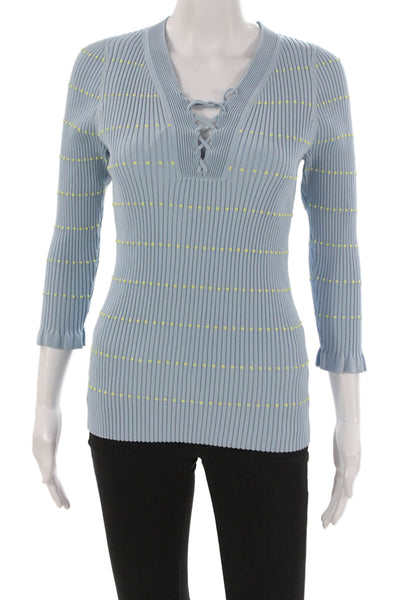 Sandro Womens Striped V-Neck Lace Up Viscose Blouse 3/4 Sleeve Fall Size 3